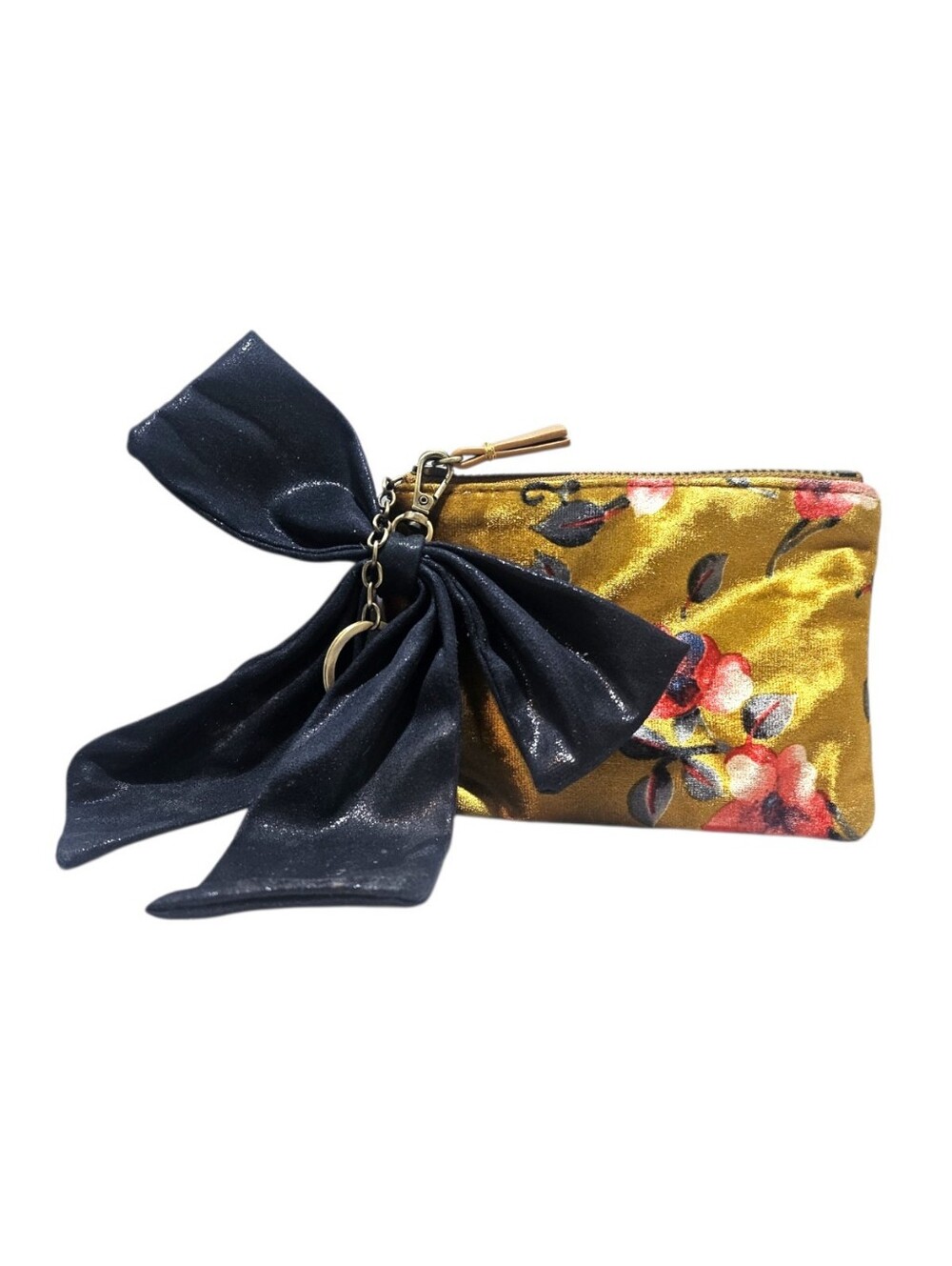 Anthropologie Remi & Reid Gold Floral Velvet Wristlet Clutch with Navy Bow